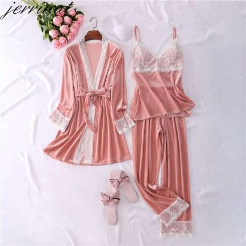 Jerrinut 3pcs Gold Velvet Pajamas Set For Women Sexy Lace Sleepwear Pajamas Suit Winter Warm Nightdress Woman Nightwear Pyjamas