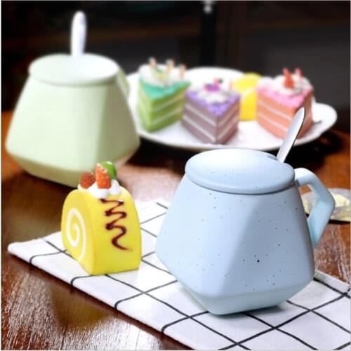 Creative Colorful Diamond Shape Coffee Mug Simple Ceramic Milk Cup Water Tea Drinking Mug With Spoon Breadfast Tableware Gifts