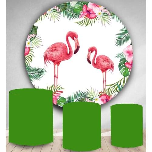 Round Circle backdrop photo background tropical plants palm leaves flamingo birthday party decor candy dessert table cover YY118