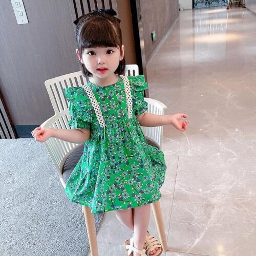 LISUNNY 2021 Summer Girls Dress Children Princess Dress Lace Printed Cotton Beach Dress Comfortable Kids Vacation Clothes