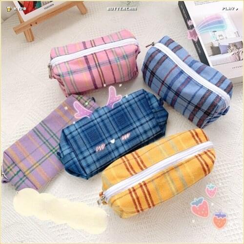 Cute Girl Heart Woolen Cosmetic Bag Portable Portable Net Red Retro Lattice Large Capacity Toiletry Bag Zipper Storage Bag