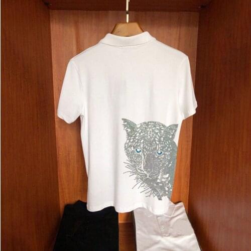 Classic Black And White Pure Cotton Comfortable Loose Trend Mens Polo Shirt Leopard Hot Drilling Design Brand Short Sleeve