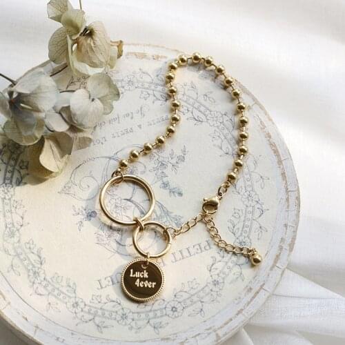 Tarnish Free 316L Stainless Steel 14k Gold Plated Luck Forever Letter Plate Beads Chain Charm Bracelets Bangles for Women