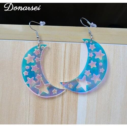 Donarsei 2021 New Fashion Laser Moon Drop Earrings For Women Shining Color Changing Hollow Star Dangle Earrings Party