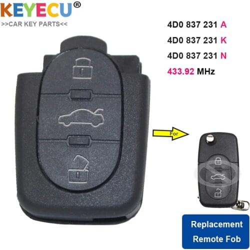 KEYECU Remote Control Car Key Transmitter for Audi A6 S6 RS6 A8 TT Quattro, Fob 3 Buttons - 433.92MHz - P/N: 4D0 837 231 A/ N/ K