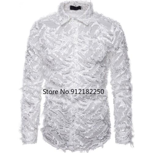 White Feather Shirt Men 2021 Fashion Nightclub Prom Long Sleeve Mens Dress Shirts Stage Singer Men Shirt Camisa Social Masculina