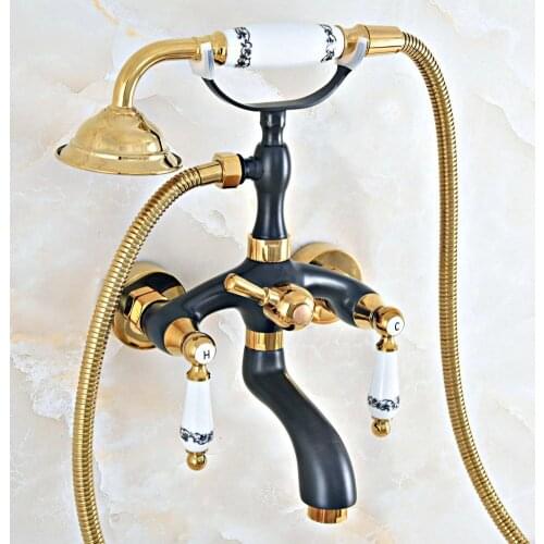 Oil Rubbed & Gold Brass Two Handle Wall Mounted Bathroom Bath Tub Faucet Set with 150CM Hand Held Shower Spray Mixer Tap 2na438