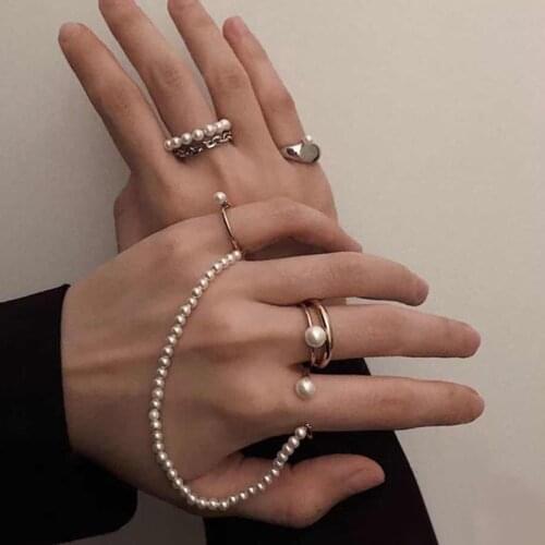 Korean Fashion Gold Silver Color Long Chain Pearl Rings for Women Vintage Chic Open Cuff Circle Pearls Ring Jewelry