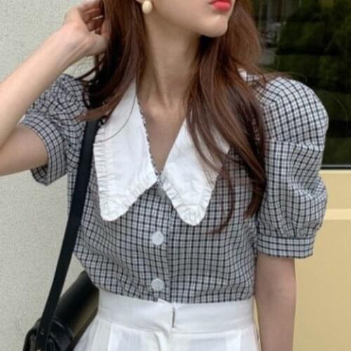 Vintage Plaid Blouse 2021 Summer Stylish Short Sleeve Peter Pan Collar Button Casual Shirts Chic Slim Tops Blusas