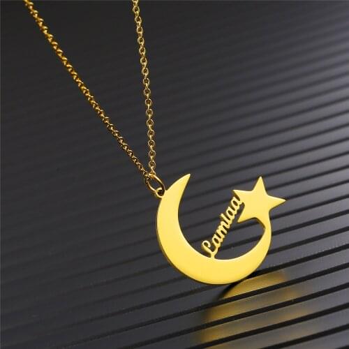 Custom Name Necklace Stainless Steel Personalized Moon Star Pattern Charm Necklaces For Women Men Choker Necklace Jewelry Gifts