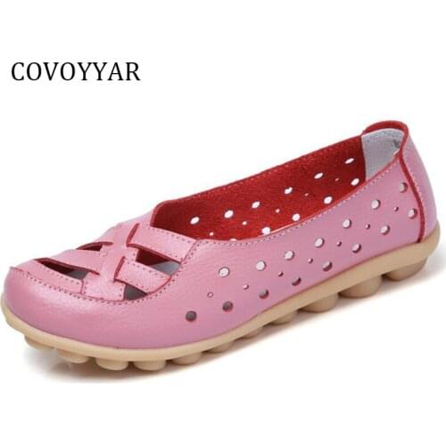 COVOYYAR 2019 Breathable Ballet Flats Women Loafers Spring Summer Genuine Leather Cut Out Non-slip White Shoes Big Sizes WFS909