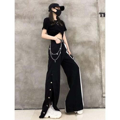 Woman Pants Black Wide-leg Pants Summer New Style High Waist Drape Stitching Casual Pants Belt Chain Harajuku traf y2k Trousers