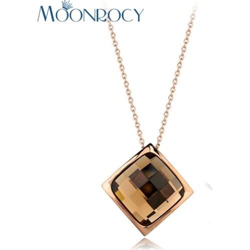 MOONROCY Rose Gold Color Crystal Pendant Neckalce Square Jewelry CZ Blue Grey Green Brown Choker for Women Gift Drop Shipping