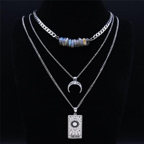 3pcs Tarot The Sun Stainless Steel Flash Stone Layered Necklace Silver Color Pendant Necklaces Jewelry collier NXS03