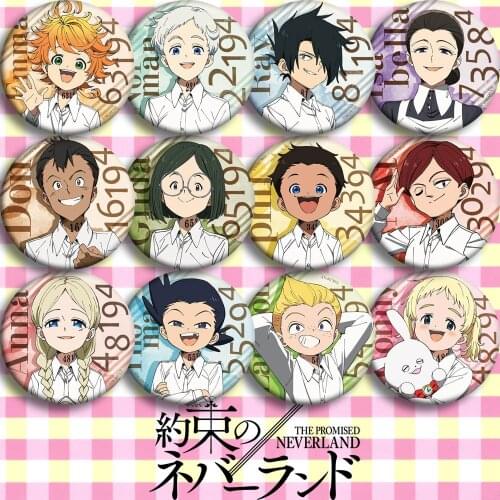 12pcs/set The Promised Neverland Badge Broochs Emma Norman Ray Gilda Anna Phil Brooch Medal Metal Round Brooch Pin 58mm