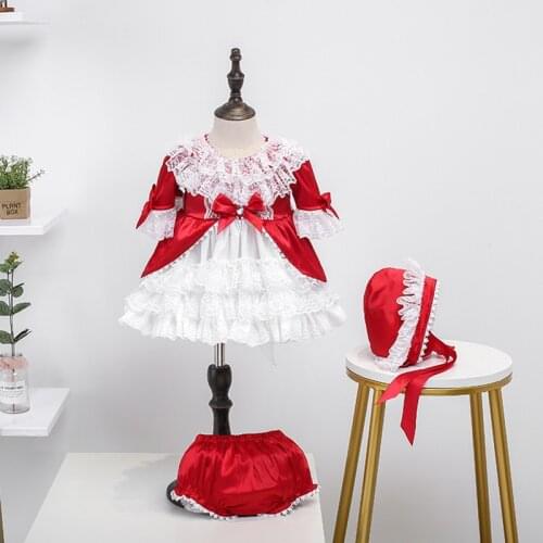 2020 Kids Spainsh Girls Dresses Children Birthday Red Lace Ball Gowns Baby Baptism Lotia Dress Girl Spain Boutique Clothes Set