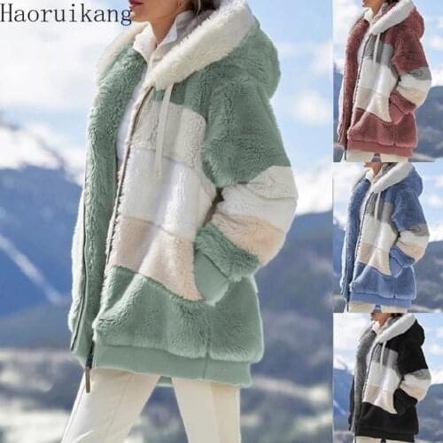 New Winter Ladies Hooded Plush Jacket Women Thick Warm Teddy Coat Outwear Fake Fur Ladies Clothes Plus Size Zipper Overcoat