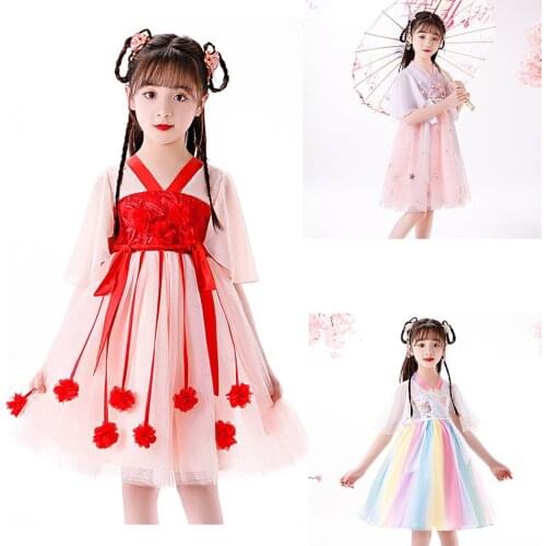 Summer Chinese Style Childrens Dress for Infant Girls 2021 New Short Sleeve Ancient Costumes Lovely Clothes Girls Pretty Dress