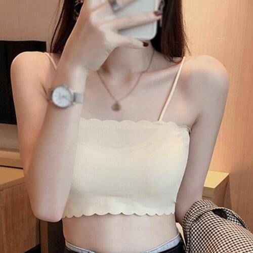 Summer Women Solid Short Tank Tops Fashion All-Match Inside Wear Ice Silk Lace Base Wrap Chest Camisole
