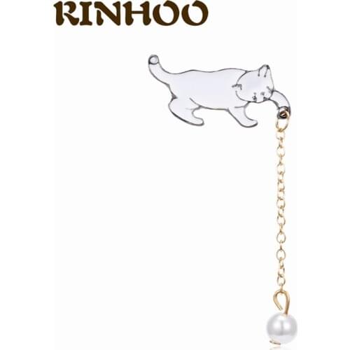 Cute Simple White Cat Pearl Pendant Brooch Pin Enamel Paint Long Chain Brooch For Women Girl Animal Design Fashion Jewelry