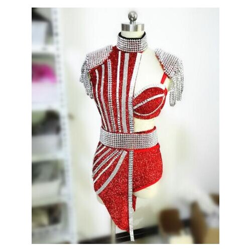 Fashion Luxury Sequins Belt Jacket Sexy Rhinestone Short Crystal Design Female Singer Nightclub Dress Bra Costume