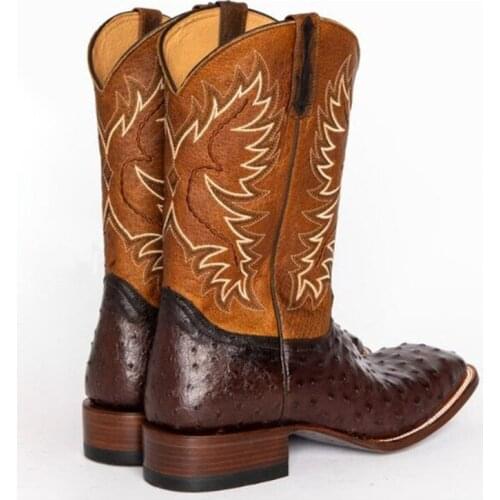 New Mens Mid-Calf Boots Vintage Embroidery Western Cowboy Biker Boots Slip On Winter Casual Shoes Pointed Toe Men Boots