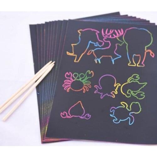 New 50 Sheets Magic Color Rainbow Scratch Art Paper Card Set with Graffiti Stencil for Drawing Stick DIY Painting Toy Kids