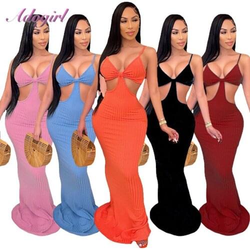 Solid Rib Knit Strapless V Neck Sleeveless Bandage Beach Floor Long Dress Women Sexy Hollow Out Backless Party Club Maxi Dresses