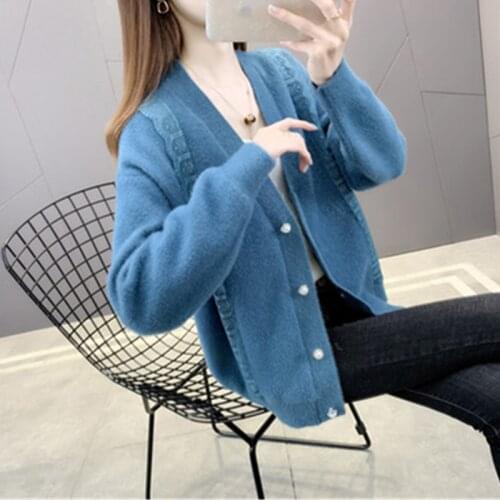 Autumn Winter Imitation Mink Cashmere Coat Women Loose Oversize Short Knit Cardigan Double Breasted Lace Plush Knit Outerwear