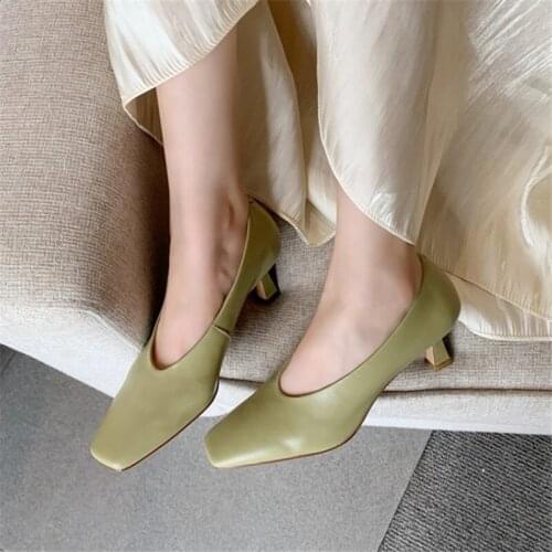 PXELENA Brand New Natural Genuine Leather Glove Shoes High Heels Women Shallow Grandma Pumps Green OL Lady Dress Office Party 40