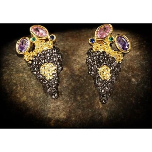 925 Silver Triangular Black Gold Ice Cream Shape with Micro Inlaid Zircon Fashion Wedding Party Jewelry Stud Earrings