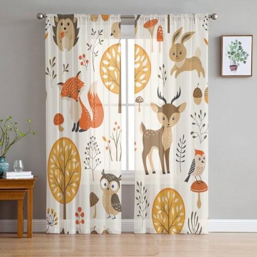 Forest Animal Woods Owl Fox Deer Tulle Sheer Window Curtains for Living Room Kitchen Children Bedroom Voile Hanging Curtain
