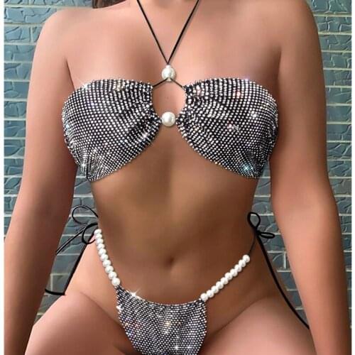 Womens Sexy Two Piece Bikini Suits Fashion Hot Drilling Halter Tops and Tie-up Mid-waist Thong