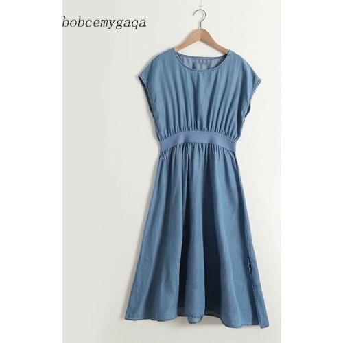 Women Long Jeans Dress Slit O Neck Short Sleeves Summer Long Denim Dress Casual Cotton Slim Waist Dress Vestidos Mujer