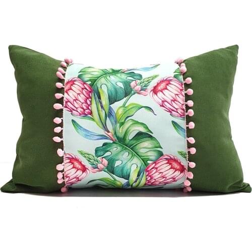Floral Green Handmade Linen Fabric Cushion Cover Pillowcase 2 PCS Set