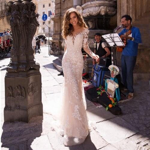Scoop Neck Tulle With Applique Lace Mermaid Wedding Dress Long Sleeve Illusion Back Sweep Train Wedding Gowns For Bride