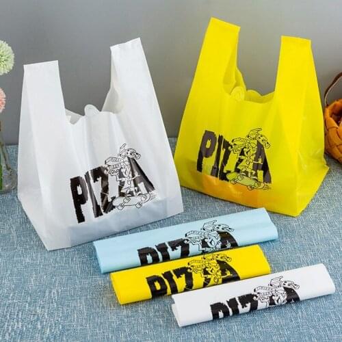 50Pcs Thicken Pizza Plastic Bag Takeaway Dessert Supermarket Grocery Shopping Gift Bags with Handle Food Packaging Bag