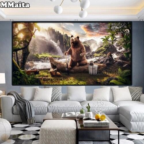Bear Fishing 5D Diamond Painting Full Drill Square Diamond Embroidery funny animal round Rhinestones Art Handicraf GG526