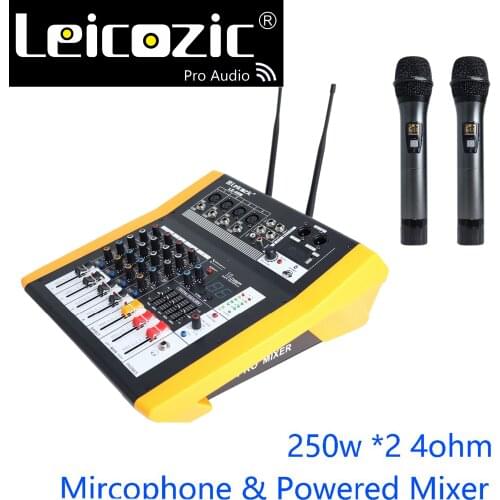 Leicozic Powered Audio Mixer 250w *2 + 48V phantom built in MP3 player & 610-670Mhz wireless microphone pro powered mixer audio