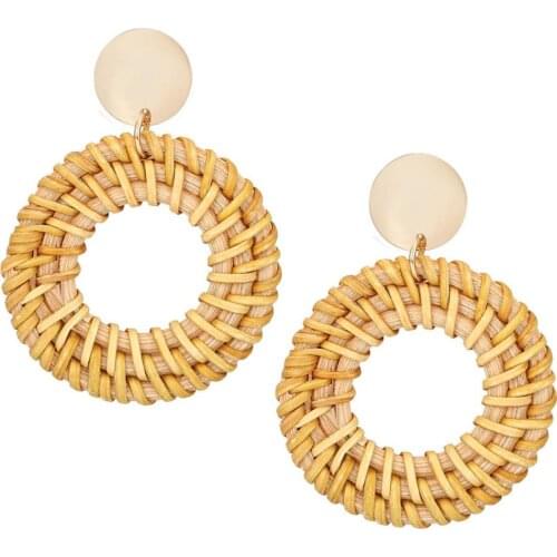 BONISKISS Handmade Bohemian Wooden Rattan Wicker Straw Drop Earrings For Women Girls Round Statement Long Earrings Women Jewelry