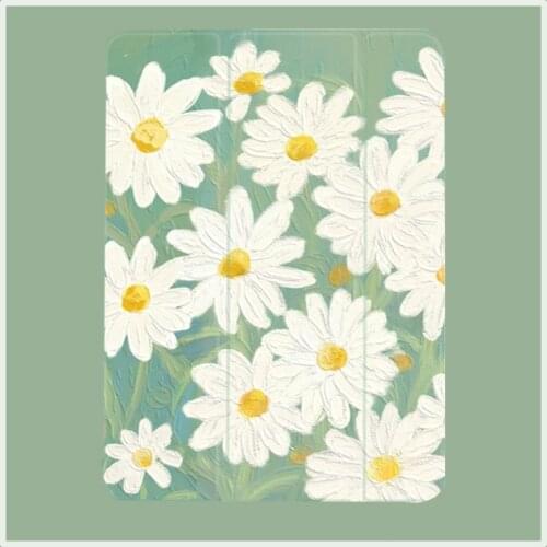 For Ipad Pro 11 air 3 Case 2020 Oil Painting Daisy Protective Cover Anti-fall Tri-fold Soft Shell with Pen Slot