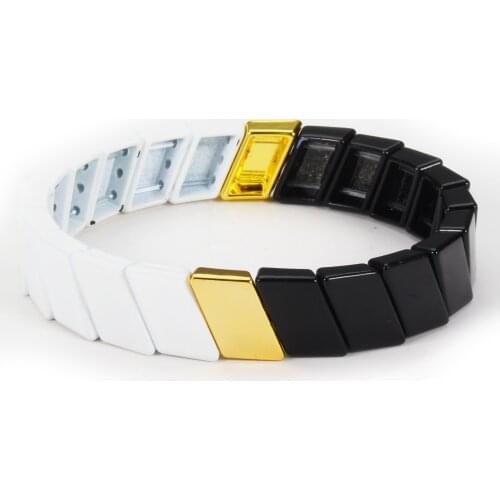 Black Enamel Tile Bracelets For Women Bohemia Metal Stretch Stackable Charm Bangle for Valentines Day Girlfriend Gifts