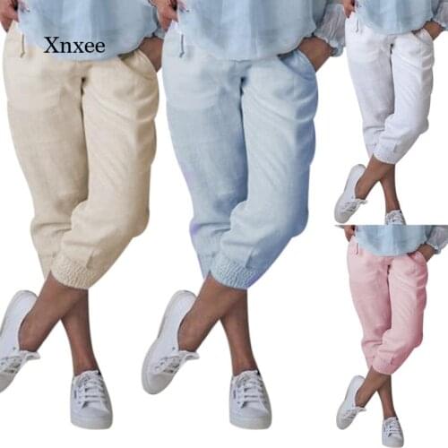 Summer Womens Cropped Pants Cotton Pants Shorts Capris Casual Loose Elastic Waist Womens Large Size Summer Calf Womens Pants