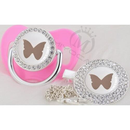 MIYOCAR lovely silver butterfly beautiful Gold bling pacifier and pacifier clip BPA free dummy bling elegant design GBF-1