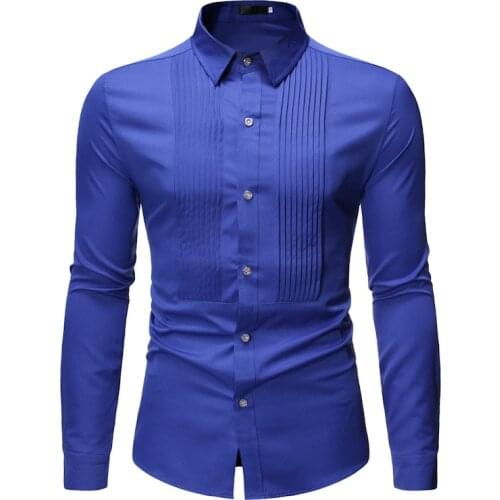 Fashion Royal Blue Tuxedo Shirt Men 2021 Brand New Wrinkled Design Long Sleeve Mens Dress Shirts Wedding Prom Camisa Masculina