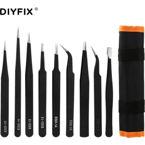DIYFIX 9 in 1 Tweezers Kit Anti Static Stainless Steel Forceps Hand Tools Set for Electronics Mobile Phone Repair BGA Work Tools