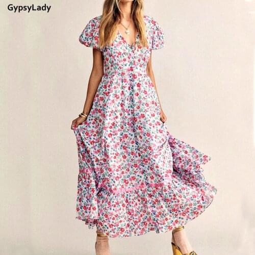 GypsyLady Floral Maxi Printed Dress Pink Summer Holiday Dresses for Women Lantern Sleeve Button Front Chic Ladies Female Dress