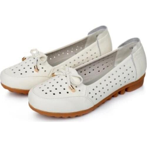 2021 Spring White Nurse Shoes Womens Flats Hollow Genuine Leather Sandals Soft Comfortable Shoes Flat Casual Shoes Large Size