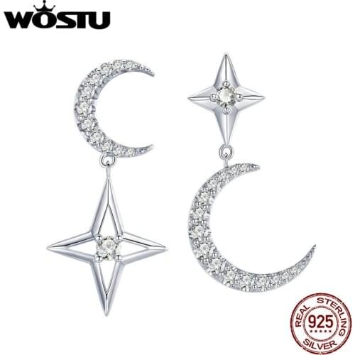 WOSTU 100% 925 Sterling Silver Moon & Stars Clear Zircon Drop Earrings For Women Engagement Fashion Style Silver Jewelry CTE050