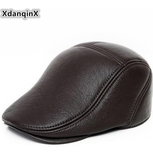 XdanqinX Genuine Leather Hat Autumn Winter New Style Mens Sheepskin Leather Berets Hats Adjustable Size Tongue Cap Dads Caps